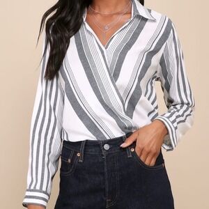 Lulus Striped‎ Long Sleeve Surplice Wrap Blouse Navy White Size M